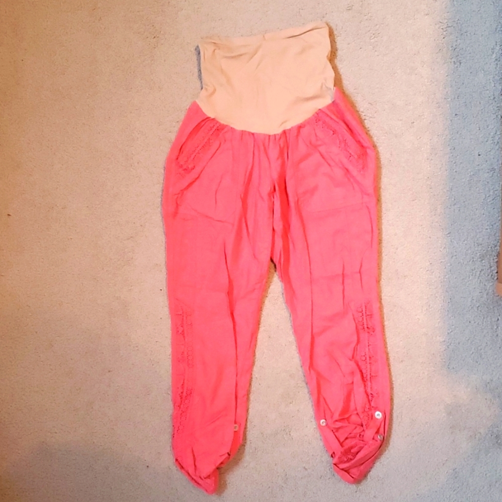 Coral pink linen maternity capris